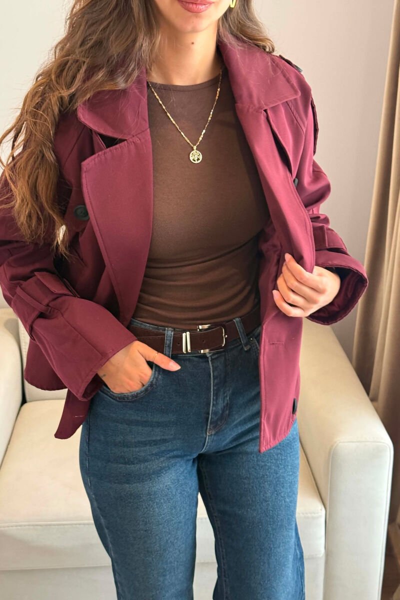 ONE COLOR BUTTONED WOMAN TRENCH COAT BURGUNDY/VISHNJE - 3