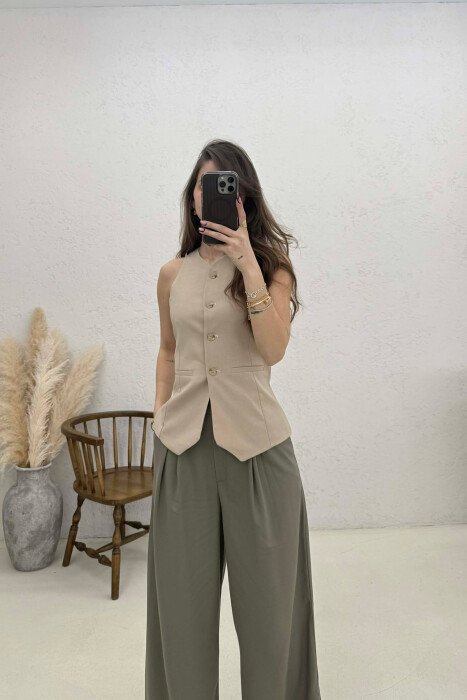 ONE COLOR BUTTONED WOMAN VEST BEIGE/BEZHE - KLAUDIO FASHION