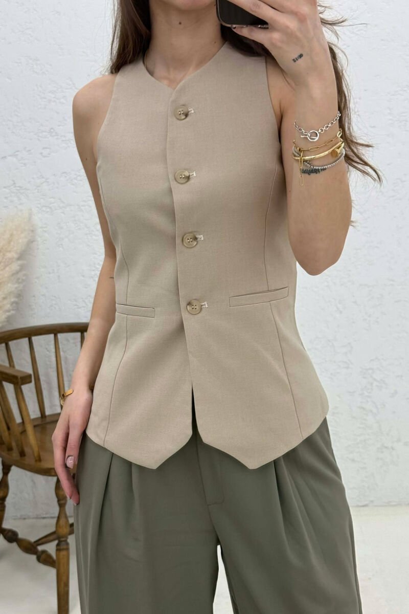 ONE COLOR BUTTONED WOMAN VEST BEIGE/BEZHE - 2