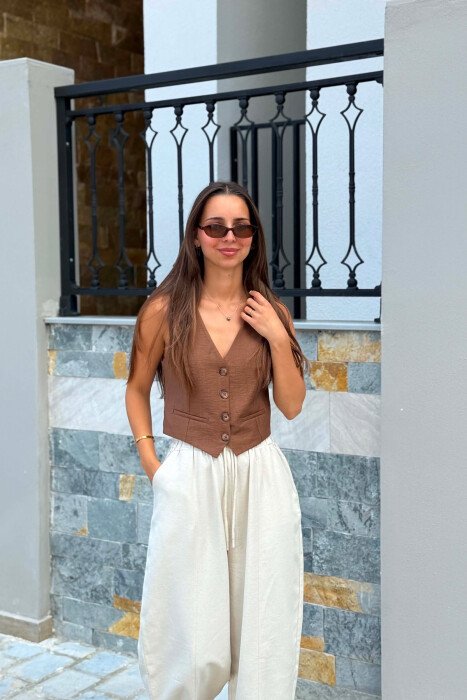 ONE COLOR BUTTONED WOMAN VEST BROWN/KAFE - KLAUDIO FASHION