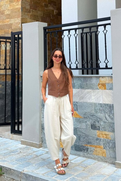 ONE COLOR BUTTONED WOMAN VEST BROWN/KAFE - 5