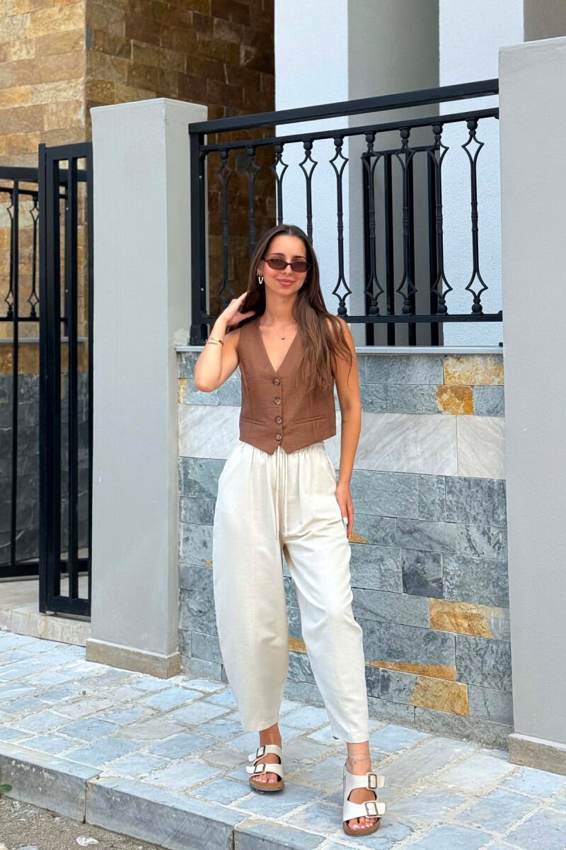 ONE COLOR BUTTONED WOMAN VEST BROWN/KAFE - 7
