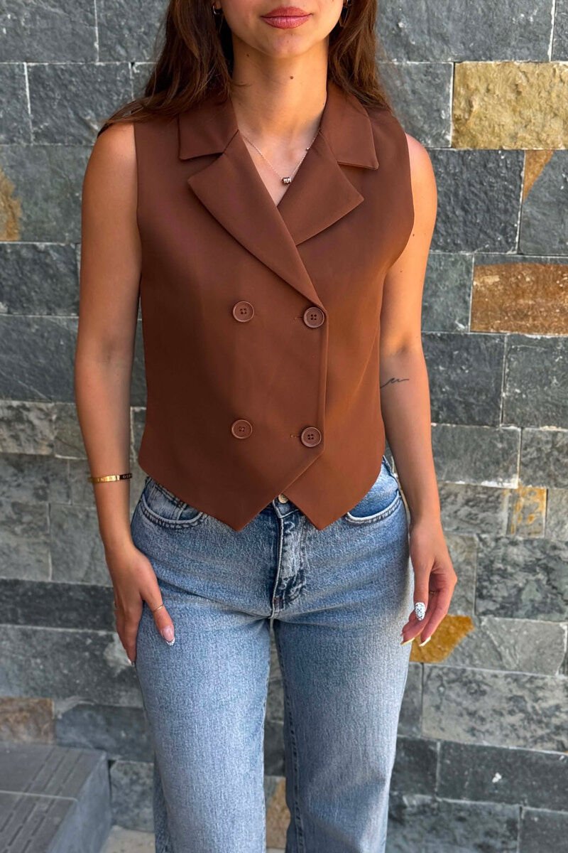 ONE COLOR BUTTONED WOMAN VEST BROWN/KAFE - 2