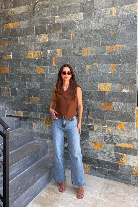 ONE COLOR BUTTONED WOMAN VEST BROWN/KAFE - 4