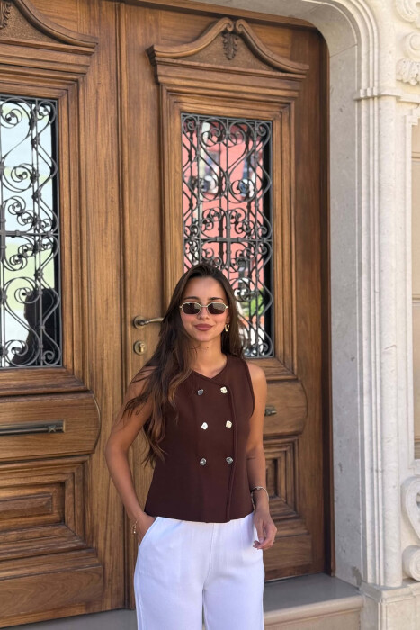 ONE COLOR BUTTONED WOMAN VEST BROWN/KAFE - KLAUDIO FASHION