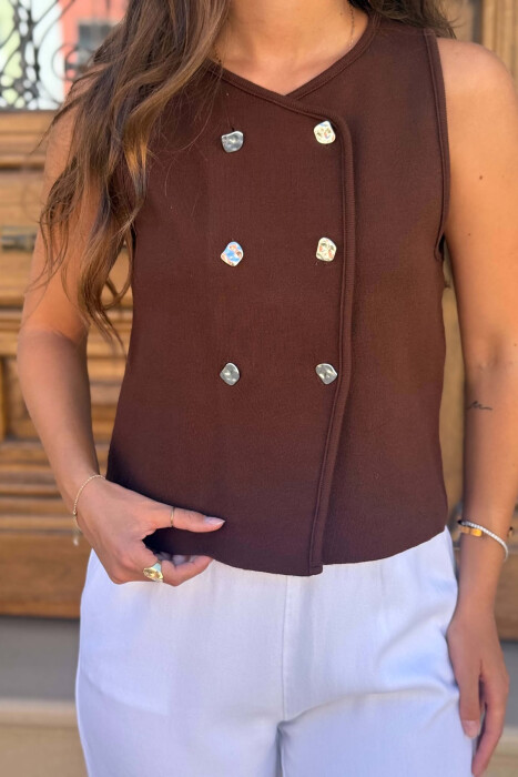 ONE COLOR BUTTONED WOMAN VEST BROWN/KAFE - 2