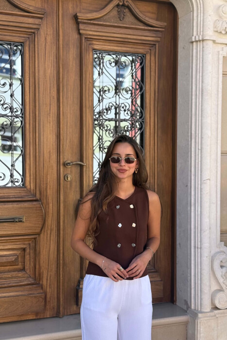 ONE COLOR BUTTONED WOMAN VEST BROWN/KAFE - 4