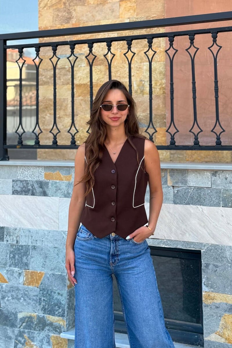 ONE COLOR BUTTONED WOMAN VEST BROWN/KAFE - 4