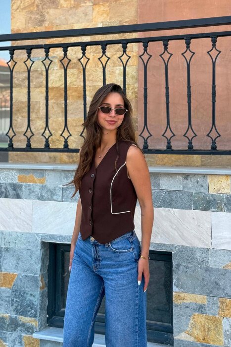 ONE COLOR BUTTONED WOMAN VEST BROWN/KAFE - 7