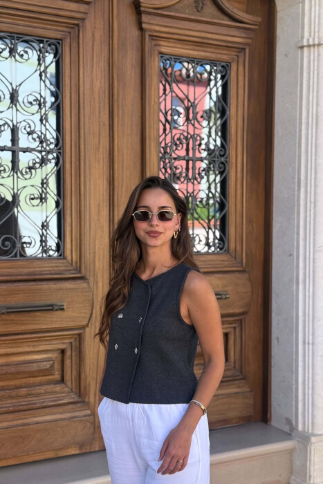 ONE COLOR BUTTONED WOMAN VEST DARK GREY/GEE - 2