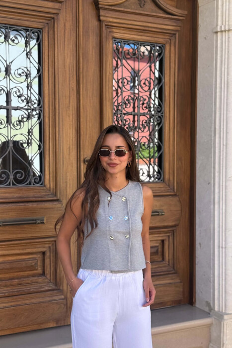 ONE COLOR BUTTONED WOMAN VEST GREY/GRI - KLAUDIO FASHION