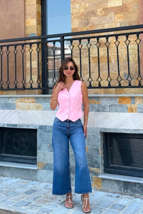 ONE COLOR BUTTONED WOMAN VEST PINK/ROZE - 4