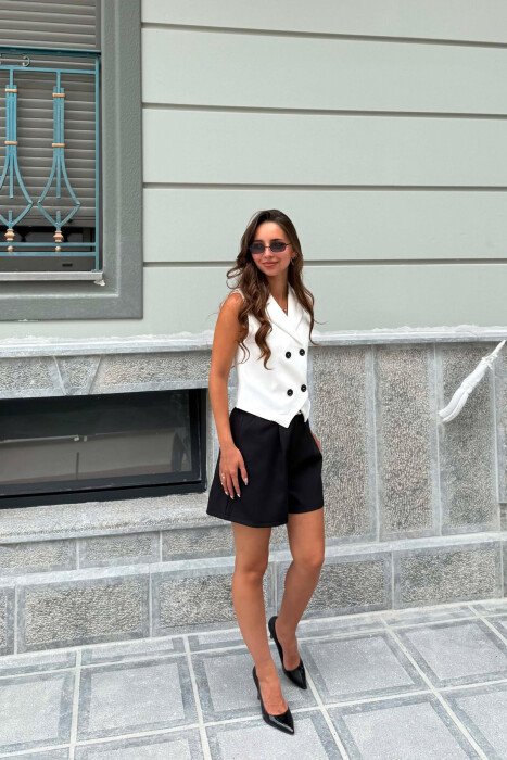 ONE COLOR BUTTONED WOMAN VEST WHITE-BLACK/BAZE - 3