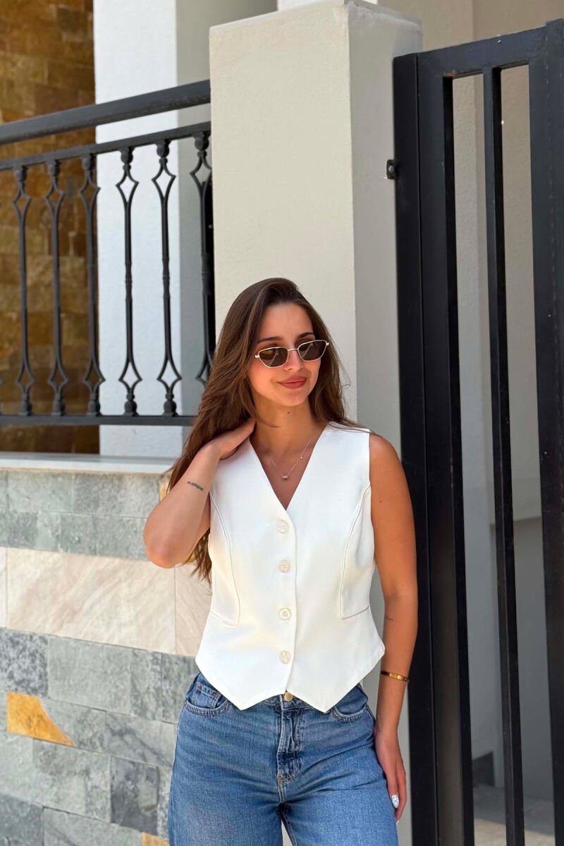 ONE COLOR BUTTONED WOMAN VEST WHITE-E BARDHE - 1