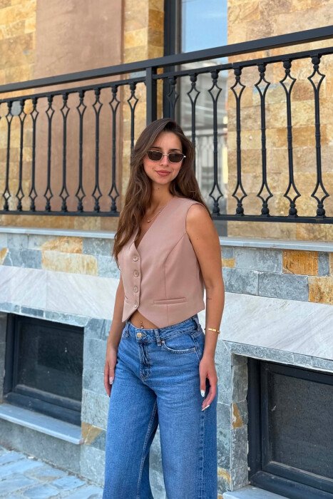 ONE COLOR BUTTONED WOMAN VEST BEIGE/BEZHE - 4