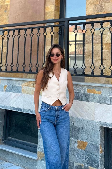 ONE COLOR BUTTONED WOMAN VEST CREAM/KREM 