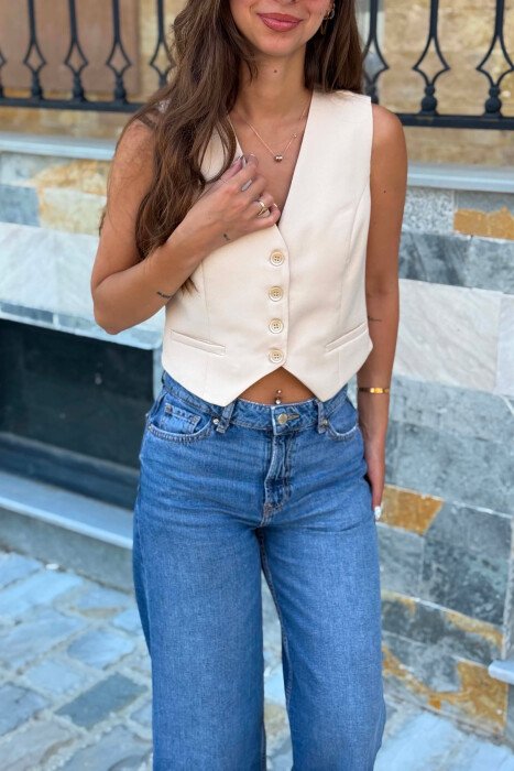 ONE COLOR BUTTONED WOMAN VEST CREAM/KREM - 4