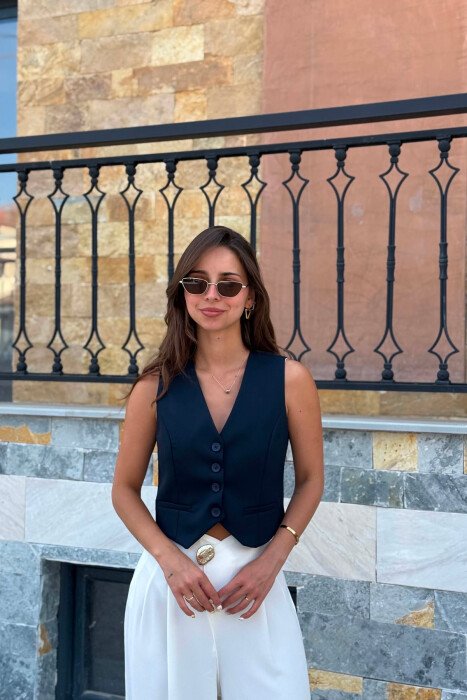 ONE COLOR BUTTONED WOMAN VEST DARK BLUE/BEE - 2