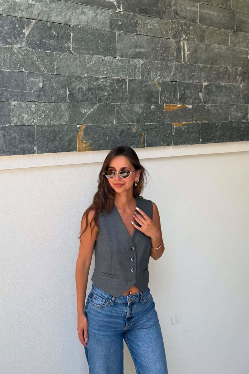 ONE COLOR BUTTONED WOMAN VEST DARK GREY/GEE - 1