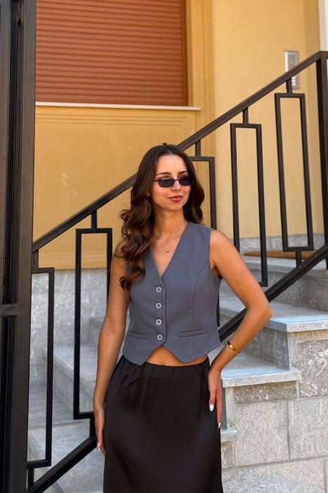 ONE COLOR BUTTONED WOMAN VEST GREY ASH/GRI HIRI - 3