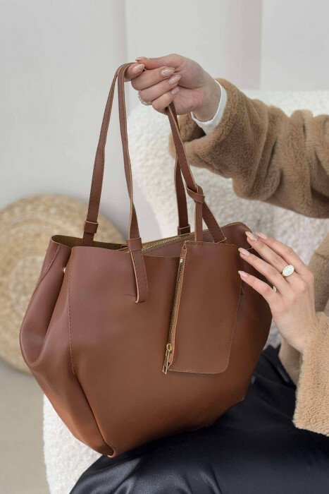 ONE COLOR BUTTONED WOMEN BAG BROWN/KAFE - KLAUDIO FASHION