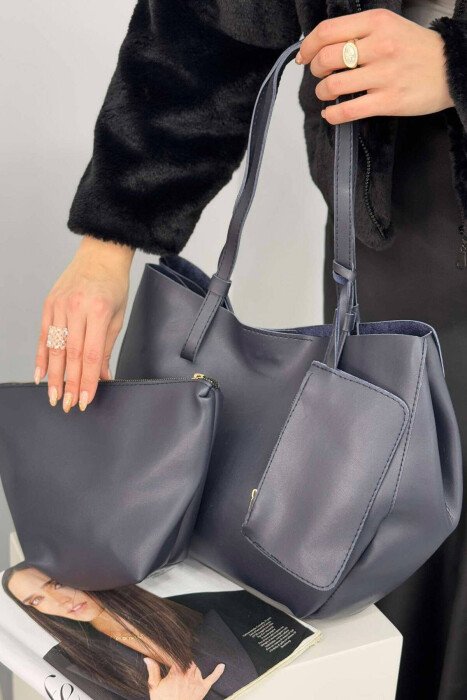 ONE COLOR BUTTONED WOMEN BAG DARK BLUE/BEE - KLAUDIO FASHION