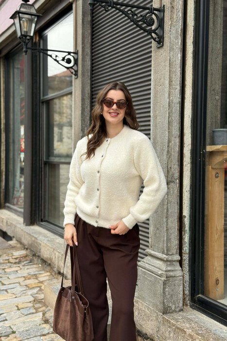 ONE COLOR BUTTONED WOMEN CARDIGAN CREAM/KREM - KLAUDIO FASHION