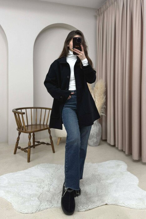 ONE COLOR BUTTONED WOMEN JACKET BLACK/ E ZEZE - 2