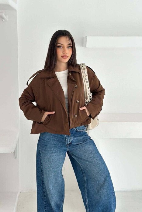 ONE COLOR BUTTONED WOMEN JACKET BROWN/KAFE - KLAUDIO FASHION