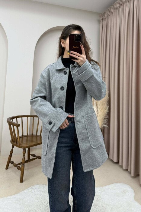 ONE COLOR BUTTONED WOMEN JACKET GREY/GRI - KLAUDIO FASHION