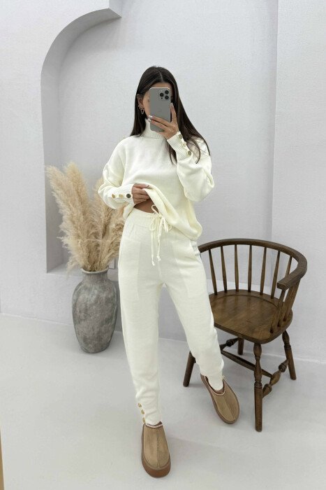 TURTLE NECK SWEATER+TROUSERS KNIT WOMEN SET CREAM/KREM - 1