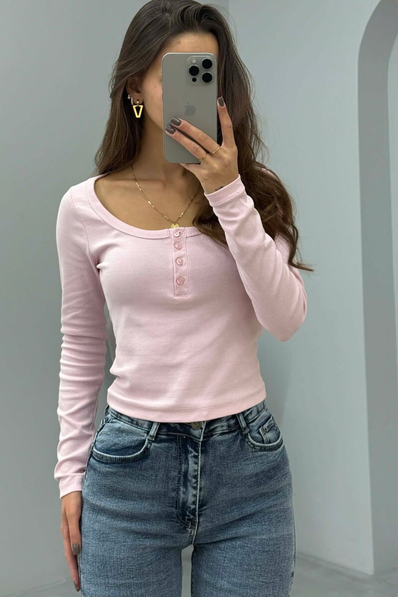 ONE COLOR BUTTONED WOMEN SWEATSHIRT BABY PINK/ROZB - 2