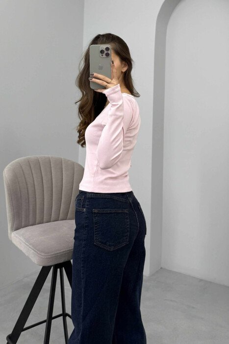 ONE COLOR BUTTONED WOMEN SWEATSHIRT BABY PINK/ROZB - 7