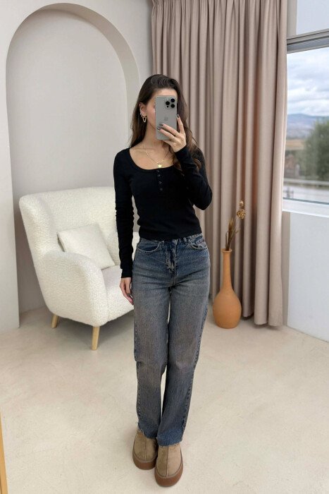 ONE COLOR BUTTONED WOMEN SWEATSHIRT BLACK/ E ZEZE - KLAUDIO FASHION
