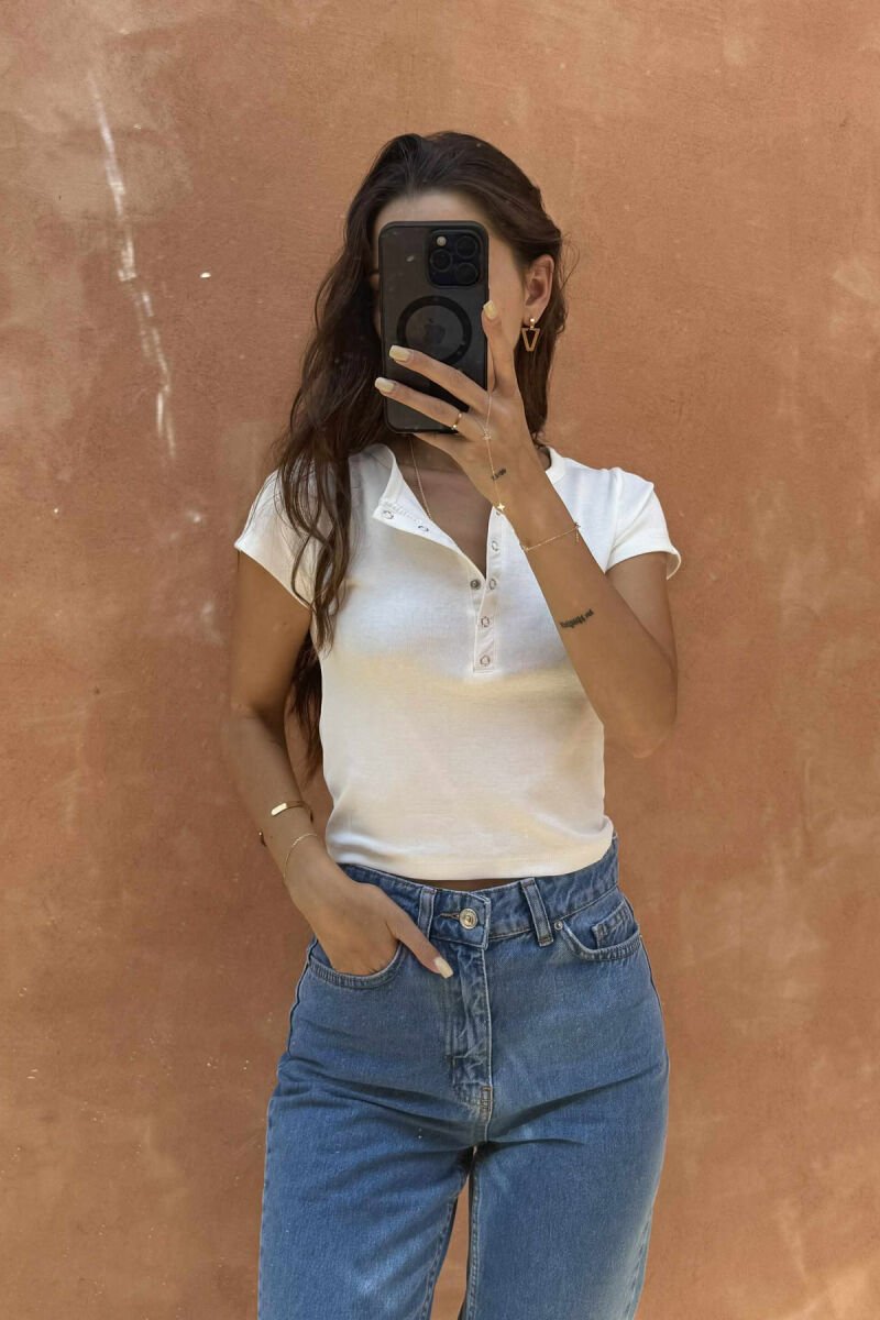 ONE COLOR BUTTONED WOMEN T-SHIRT WHITE-E BARDHE - 2