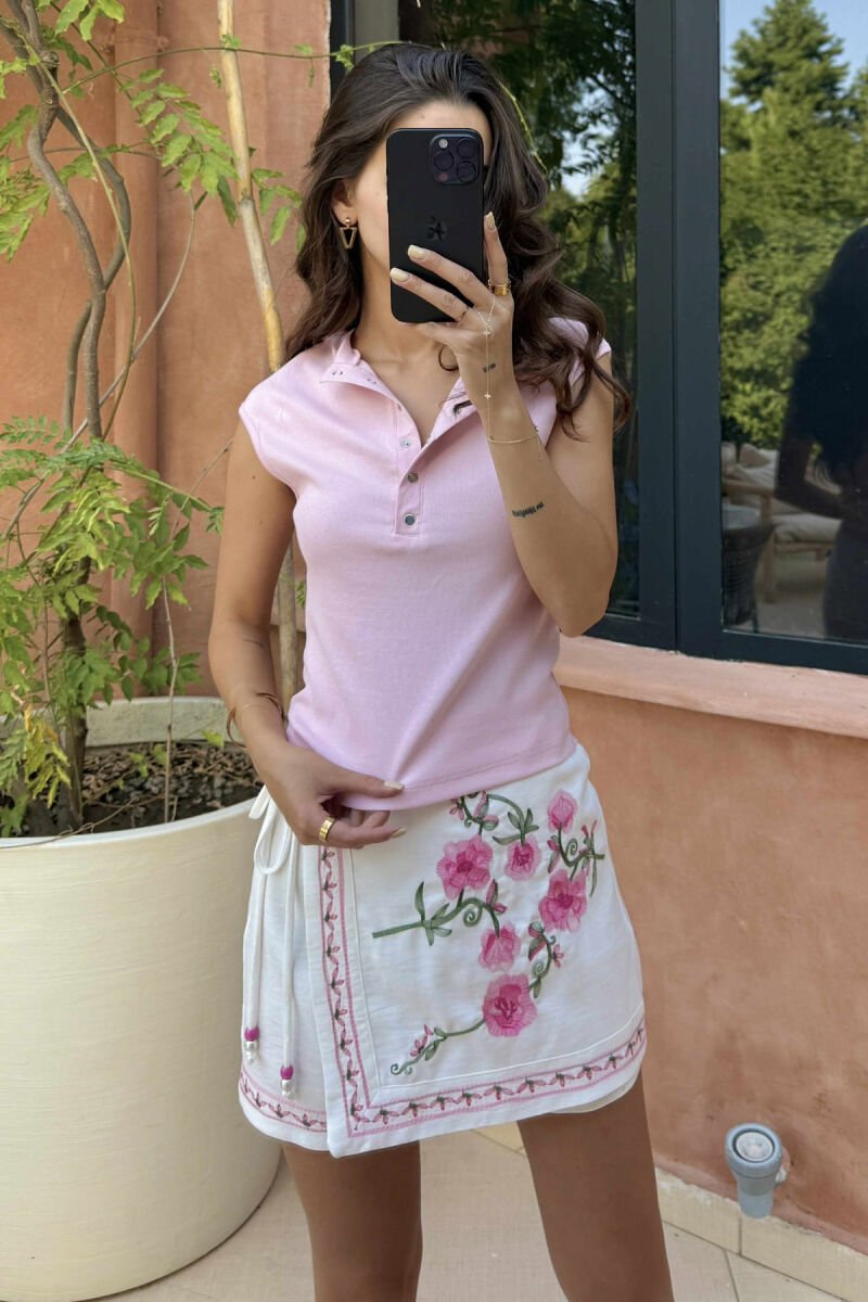 ONE COLOR BUTTONED WOMEN TANK TOP BABY PINK/ROZB - 2
