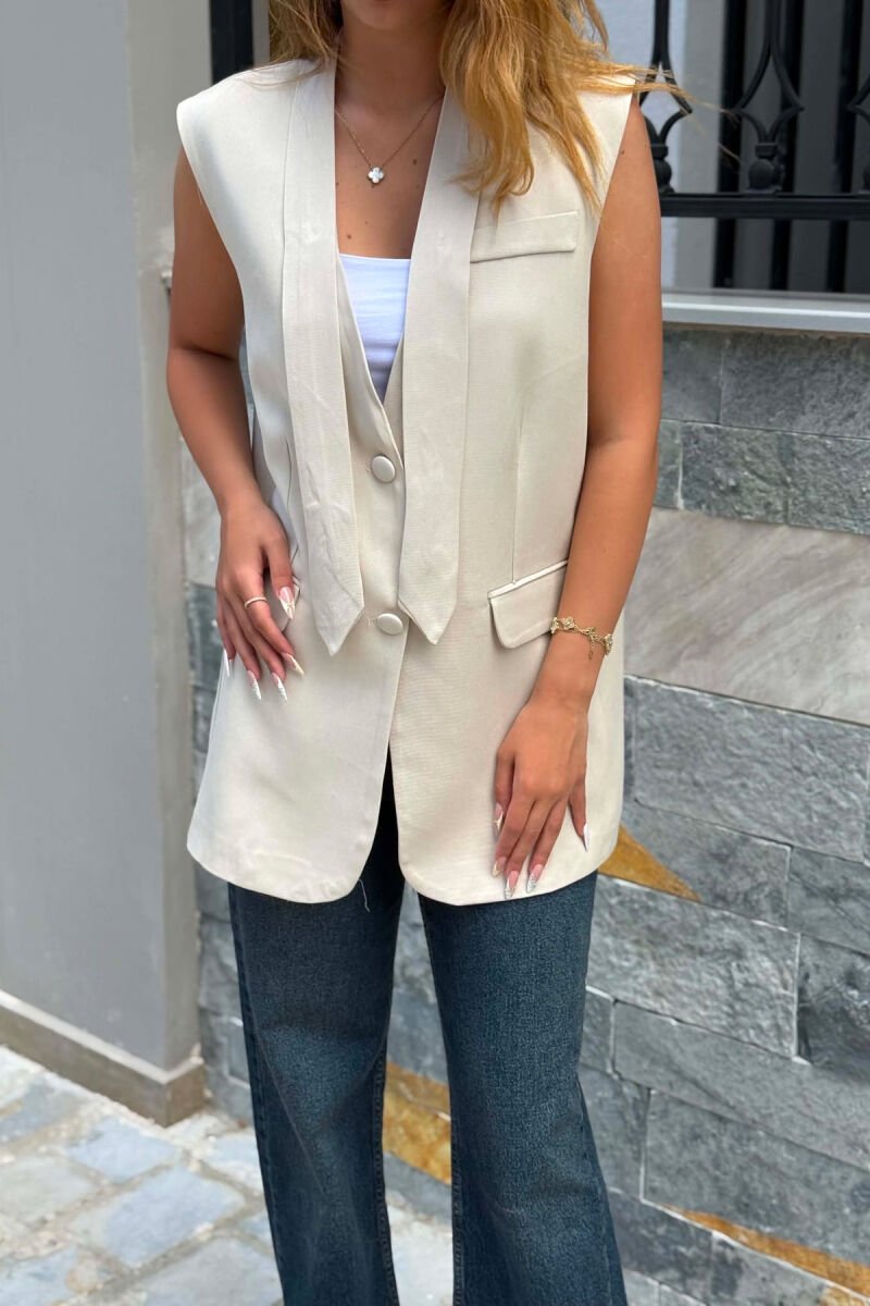 ONE COLOR BUTTONED WOMEN VEST CREAM/KREM - 5