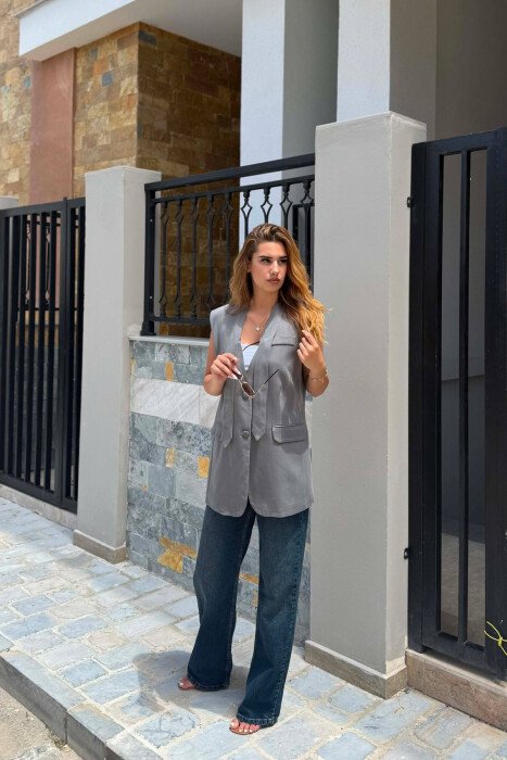 ONE COLOR BUTTONED WOMEN VEST DARK GREY/GEE - 2