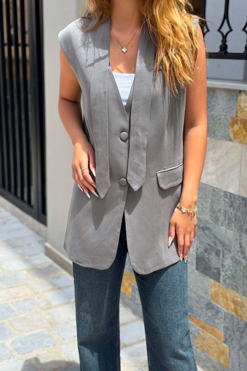 ONE COLOR BUTTONED WOMEN VEST DARK GREY/GEE - 3