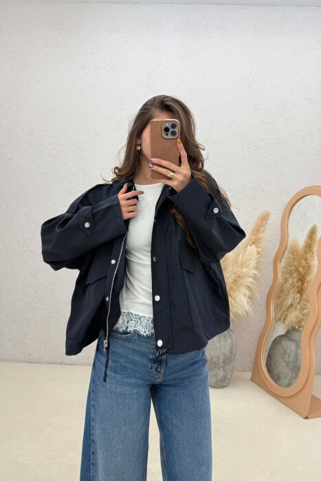 ONE COLOR BUTTONES WOMAN JACKET DARK BLUE/BEE - 2
