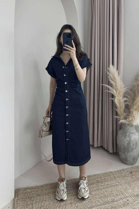 ONE COLOR BUTTONS DENIM WOMEN DRESS BLUE/BLU - KLAUDIO FASHION