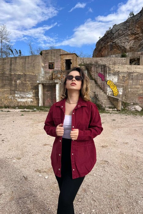 ONE COLOR BUTTONS DENIM WOMEN JACKET BURGUNDY/VISHNJE 