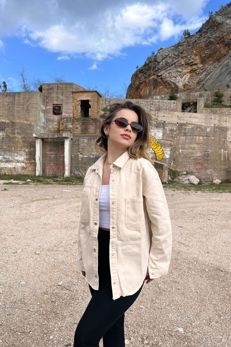 ONE COLOR BUTTONS DENIM WOMEN JACKET CREAM/KREM - 1