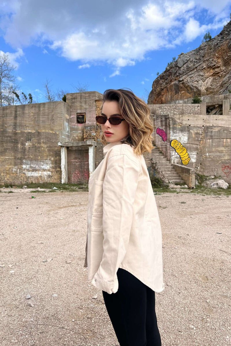 ONE COLOR BUTTONS DENIM WOMEN JACKET CREAM/KREM - 4