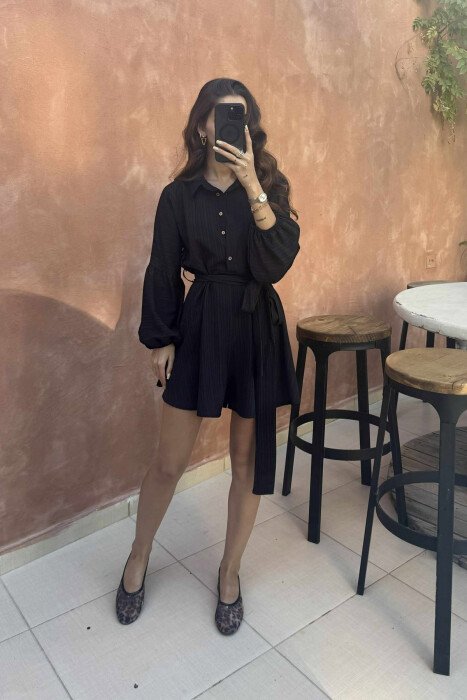 ONE COLOR BUTTONS LACING WOMEN JUMPSUIT BLACK/ E ZEZE - 2