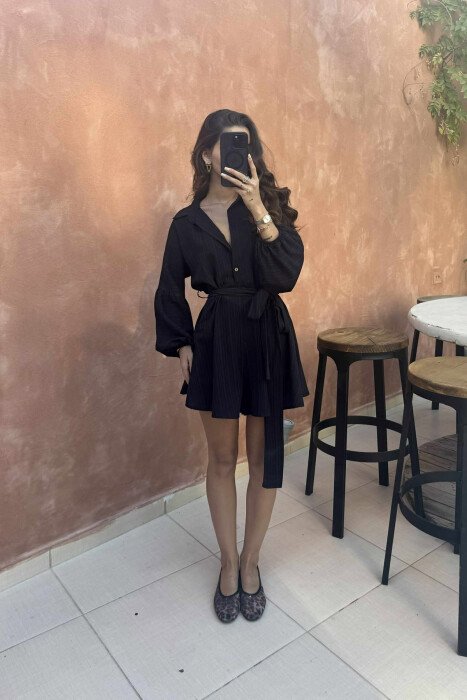 ONE COLOR BUTTONS LACING WOMEN JUMPSUIT BLACK/ E ZEZE - 1