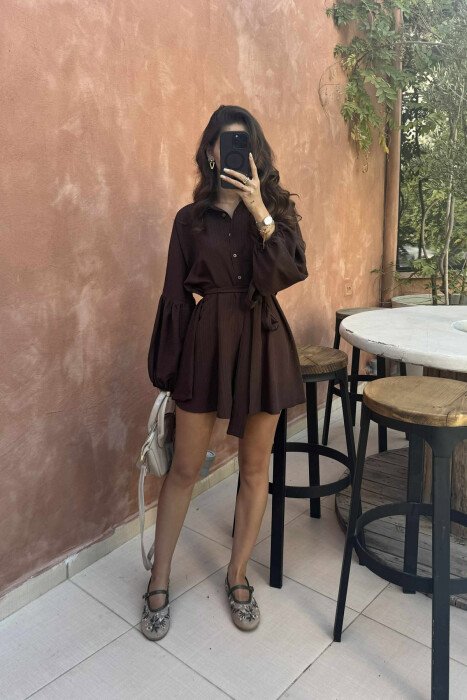 ONE COLOR BUTTONS LACING WOMEN JUMPSUIT BROWN/KAFE - 2
