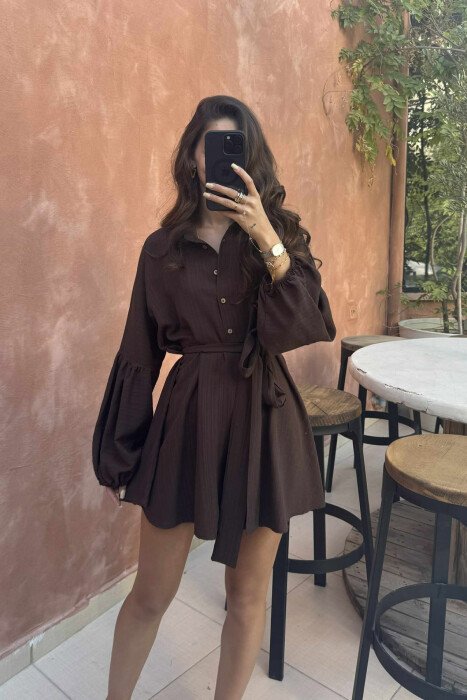 ONE COLOR BUTTONS LACING WOMEN JUMPSUIT BROWN/KAFE - 3