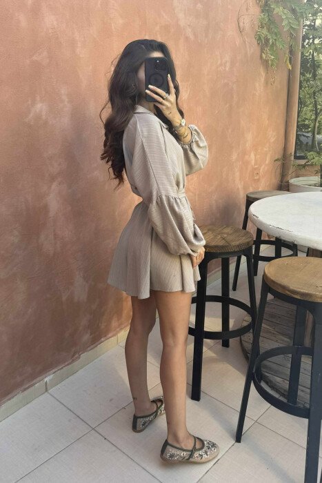 ONE COLOR BUTTONS LACING WOMEN JUMPSUIT LIGHT BROWN/KAZB - 4