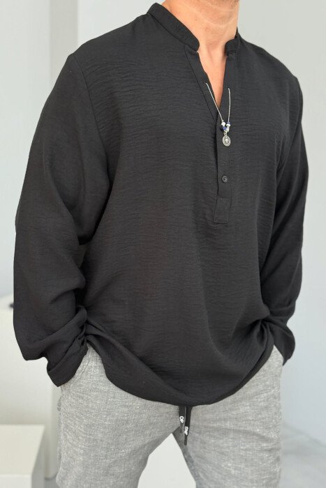 ONE COLOR BUTTONS MEN SHIRT BLACK/ E ZEZE 